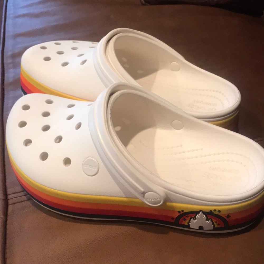 Disney rainbow platform crocs
